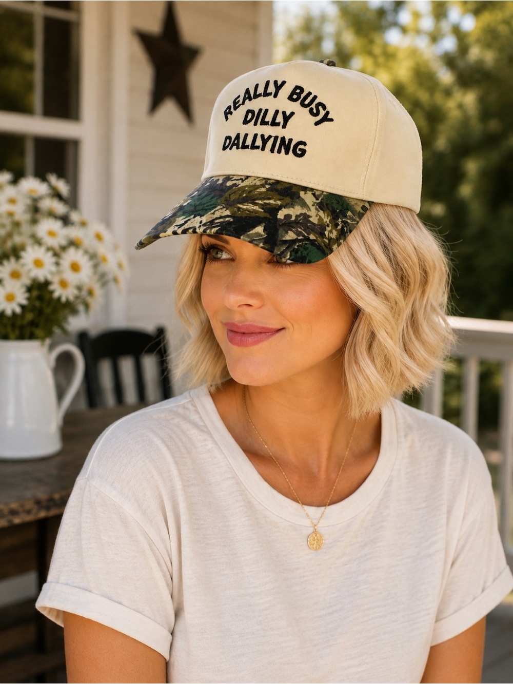 Really Busy Dilly Dallying Embroidered Hat- Cream with Camouflage Brim